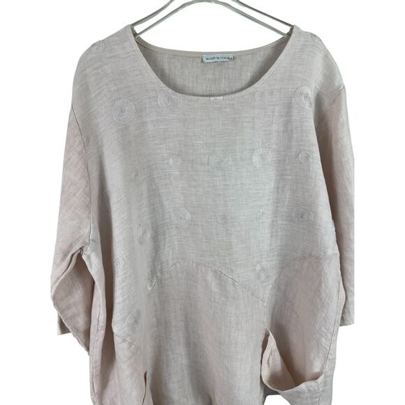 Made In Italy Linen Top Asymmetrical Boho Laganlook Roll Tab Sleeve Pink Large - Picture 7 of 15